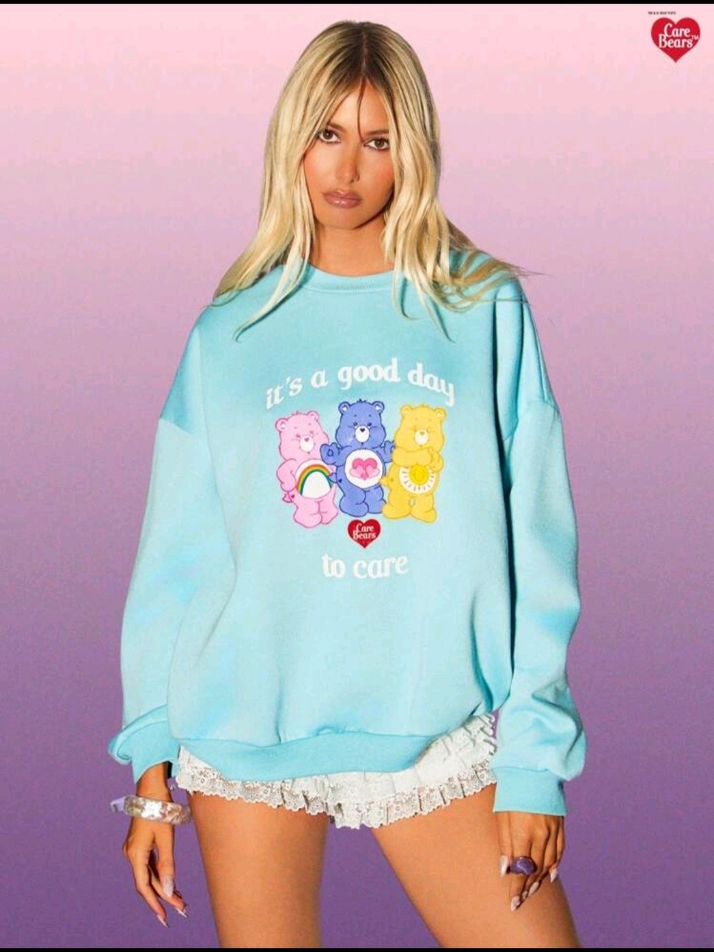 Care Bears Aqua Crewneck Sweatshirt with Colorful Bear Graphic